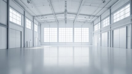 A wide shot of an empty white warehouse with large windows