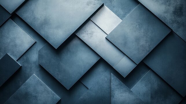 Overlapping square and angular shapes in varying shades of blue