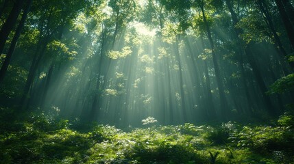 Obraz premium Sunlight streams through the forest canopy in a beautiful verdant scene