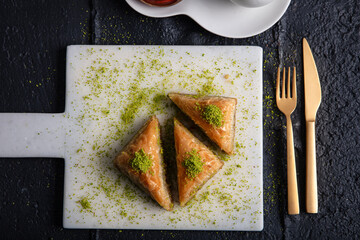 Carrot Slice Baklava (Turkish: Havuc Dilim Baklava) on tray. Traditional Baklava from Gaziantep,...