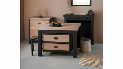 Modern Wooden & Black Table with Two Drawers, Stylish Home Decor, Minimalist Interior Design