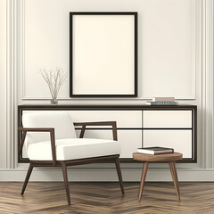 3D Render of Modern Minimalist Living Room Interior Design with White Chair, Wooden Side Table, and Black Frame Mockup