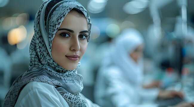 Charming Portrait of Woman Wearing Hijab Headscarf with White Long Sleeve Top in a Brightly Lit Indoor Setting