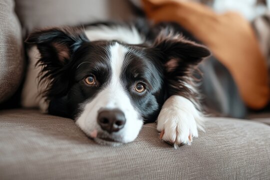 A border collie is resting on the sofa.