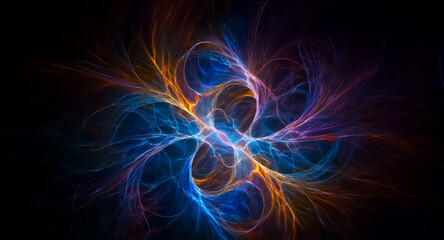 Fototapeta premium Abstract fractal art featuring swirling blue, orange, and purple lines against a dark backdrop. It evokes a sense of dynamic energy and vibrant movement.