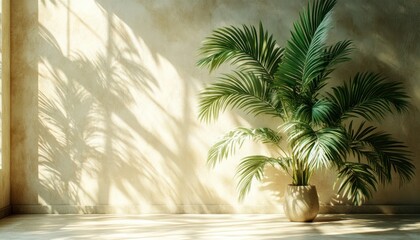 Minimalist Abstract Cosmetic Background with Soft Light and Palm Leaf Shadows on Textured Beige Wall for Product Presentation
