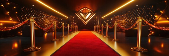 Luxurious casino VIP entrance with red carpet and golden velvet ropes inviting exclusive guests at night