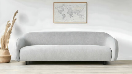 Light Grey Fabric Loveseat in Modern Minimalist Interior with World Map Art