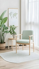 Serene Living Room Interior Design: Light Green Armchair, Wooden Side Tables, and Plants near World Map Illustration