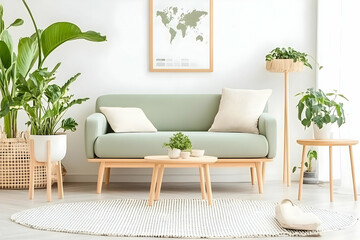 Modern living room interior design features a sage green sofa, wooden coffee table, potted plants, and a world map print, creating a calm and natural atmosphere.