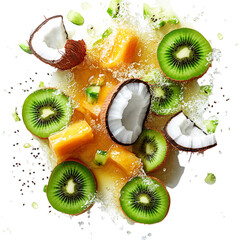 Fresh Kiwi Coconut and Papaya Scattering Isolated on Transparent Background