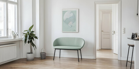 Modern Interior Design: Pale Green Upholstered Bench in a Light Room with Abstract Art and Herringbone Flooring