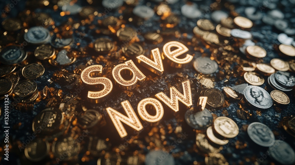 Poster Golden coins and banknotes create an inviting atmosphere with a glowing message to save now in a visually engaging layout with light effects