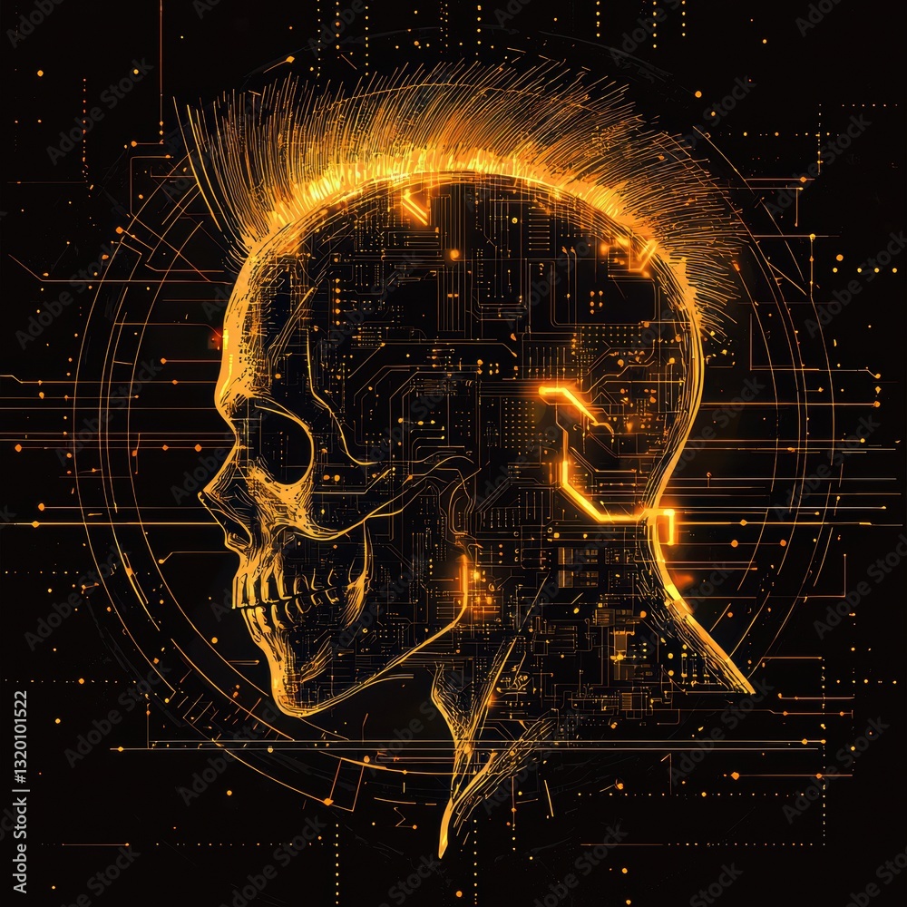 Poster cybernetic skull illustration with glowing circuit elements and technological background