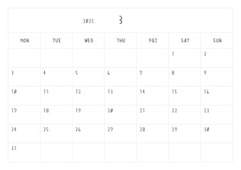 Simple handwriting calendar for March 2025, vector, template, printable