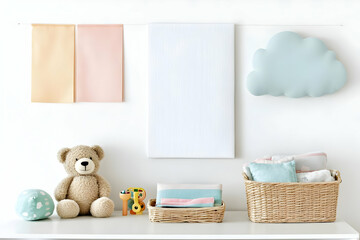 Pastel Nursery Room Decor: White Background with Teddy Bear, Blank Canvas, and Woven Baskets