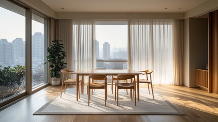 Fototapeta premium Modern Minimalist Dining Room with Natural Light and City View