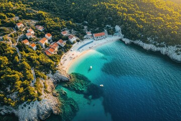 A breathtaking aerial view of the beautiful Rajska Plaza beach located on Rab Island, Croatia.