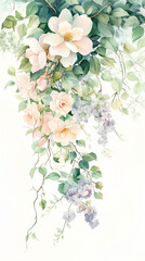 Watercolor floral garland with magnolia, pastel roses, lilacs, and delicate vines  
