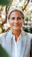 Portrait of a Confident Woman in a Gray Blazer, Smiling Serene and Calmly Outdoors