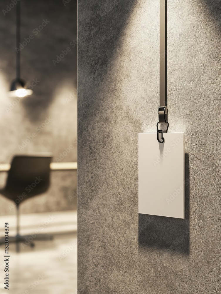 Poster minimalist work badge hanging in a softly lit office environment against a textured wall