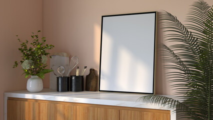 Corner background mockup with white frame on neutral colored wall. 3D Render