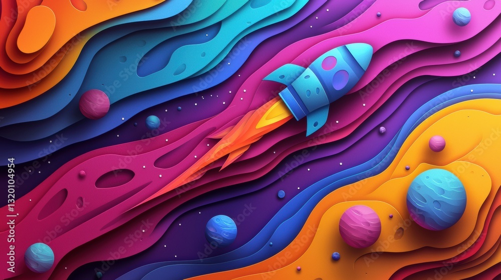 Sticker vibrant abstract background with rockets and planets in a colorful cosmic scene