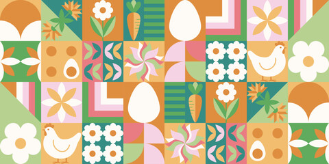 Wiosenny geometryczny wzór z kurczaczkiem, jajkami i kwiatami. Wielkanocna mozaika z świątecznymi symbolami. © Monika