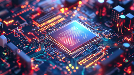 Fototapeta premium Cybernetic Heart: A close-up view of a sophisticated computer processor, the central nervous system of technology, glowing with intricate circuits and microchips