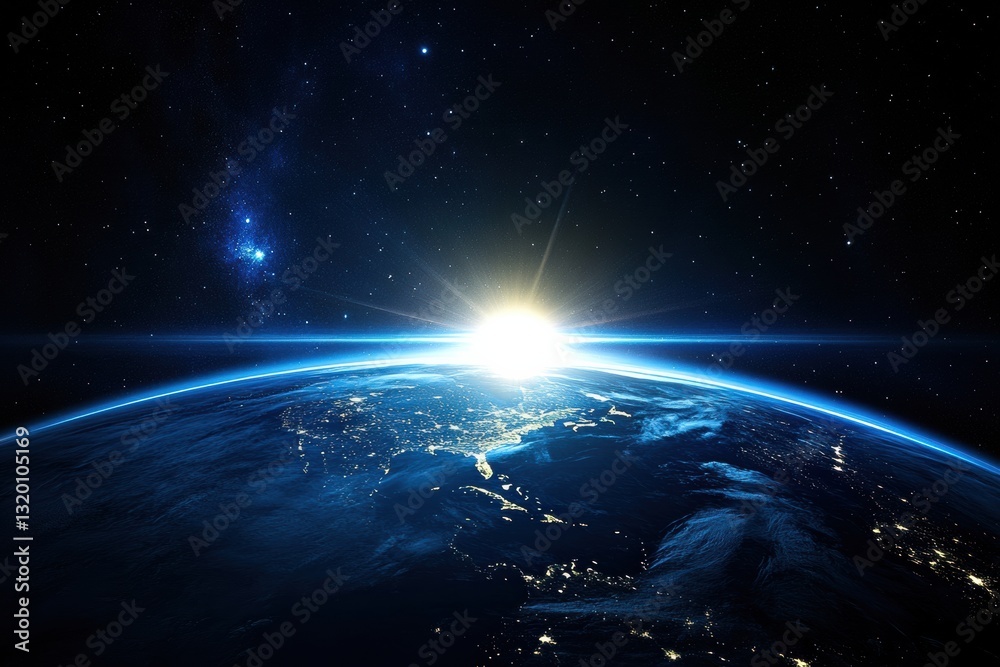 Poster Nighttime view of planet Earth showcasing networks of light highlighting global connections and communication technologies