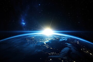 Nighttime view of planet Earth showcasing networks of light highlighting global connections and communication technologies