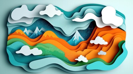 Colorful Abstract Landscape Design Featuring Mountains and Clouds in a Vibrant Palette