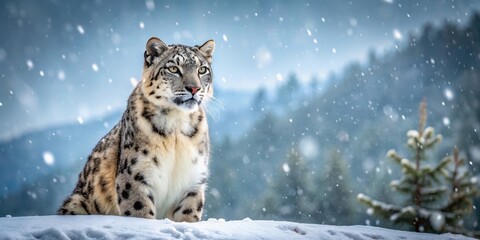 Fototapeta premium Majestic Snow Leopard in Winter Wonderland, Serene and Powerful in a Snowy Landscape