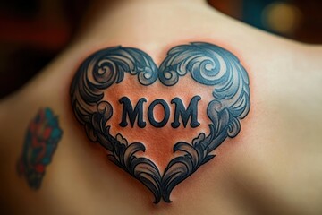 Heart Shaped Tattoo with MOM Text on Upper Arm of Man