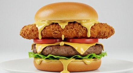 Delicious Double Decker Burger with Crispy Chicken Melted Cheese and Mustard Drizzle