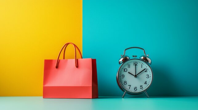 Stylish Shopping Bag and Vintage Alarm Clock Against Colorful Background
