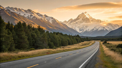 Fototapeta premium A Scenic Road Journey Through A Majestic Mountain Range At Sunset, Bathed In Warm Golden Light And Showcasing A Breathtaking Vista