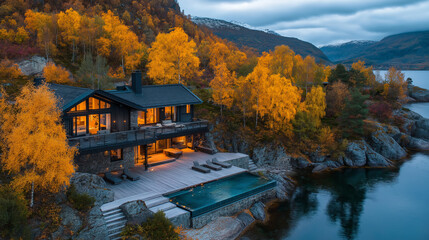 Fototapeta premium Luxury Lakeside Lodge: A picturesque lodge sits gracefully on the edge of a serene lake, embraced by the vibrant hues of autumn, showcasing a luxurious lifestyle with a private pool.