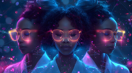 Three African American Women in Neon Lit Glasses with Cyberpunk Theme on Dark Abstract Background