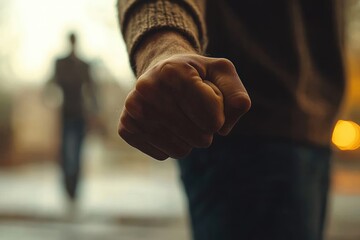 Clenched Fist Symbolizing Domestic Violence and Emotional Turmoil with Woman in Background