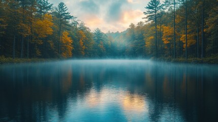 Obraz premium A serene landscape featuring mist over reflective lake waters