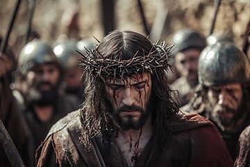 Obraz premium Jesus Christ Walking Among the Crowd: A Powerful Depiction of Faith and Belief, Surrounded by a Sea of Faces, Showing the Divine Journey Through 