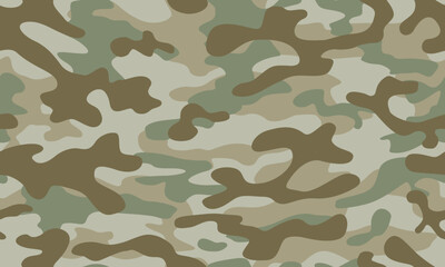 Camouflage seamless pattern. Trendy style camo, repeat print. Vector illustration. Khaki texture, military army green and gray hunting