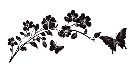 Elegant black silhouette of a floral branch with multiple flowers and leaves, accompanied by a butterfly. Gracefully curved branch featuring blooming flowers, buds, and delicate foliage,