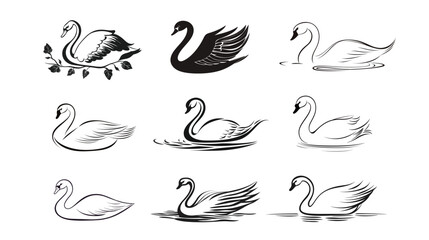 Elegant swan silhouette vector graphic. Minimalist black and white design featuring a graceful swan with smooth curves and refined details. Perfect for logos, tattoos, and decorative art symbolizing