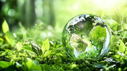 Glass Globe Earth Resting Amidst Lush Green Foliage, Representing Environmental Conservation and Sustainability