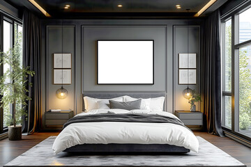 Modern Bedroom Interior with Artwork Mockup Minimalist Design with Gray Wall and Elegant Bedding Contemporary Home  with City View