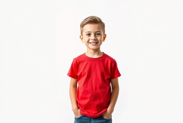 Fototapeta premium Smiling Young Boy in Red T-Shirt Against White Background