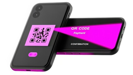 A modern smartphone displaying a QR code for payment confirmation, featuring a vibrant pink design.