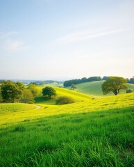 Fototapeta premium Serene Green Landscape Under a Clear Sky with Rolling Hills and Lush Vegetation